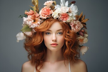 Naklejka premium Stunning woman with ginger hair adorned with a beautiful flower wreath on a grey background