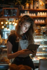 Female owner examining while holding digital tablet