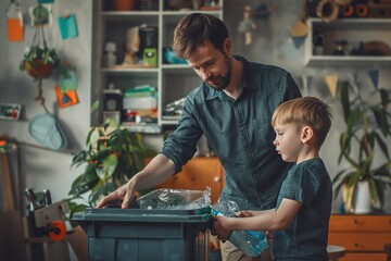 Father teaching son to throw garbage in recycling