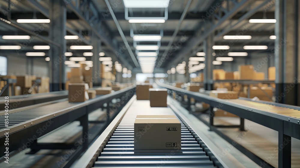 Poster cardboard boxes move along a production line in an automated industrial setting. 3d image.