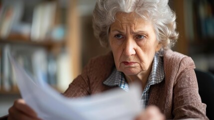 Elderly woman looking concerned while reviewing documents, seated in a library with a blurred background.