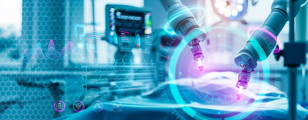 surgical robot and remote control hospital equipment as wide banner design with information hologram.future robotic arms performing automated medical health care operation for future precision concept