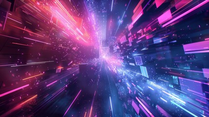 Fototapeta premium Neon-colored shapes float in dark void of digital dreamscape backdrop