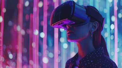 A young woman immersed in a virtual reality experience, surrounded by neon lights and futuristic ambiance.