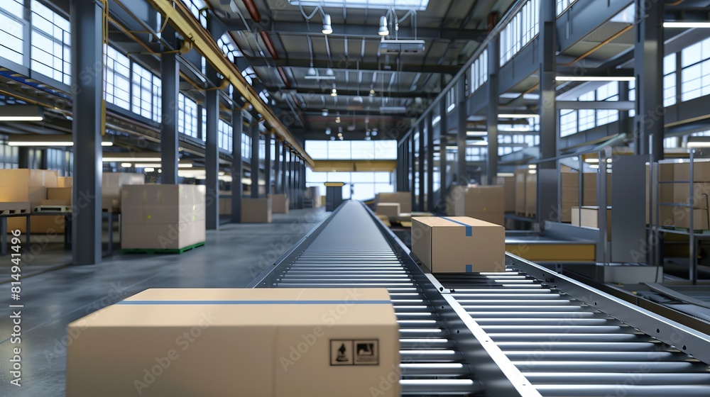 Aufkleber cardboard boxes move along a production line in an automated industrial setting. 3d image.