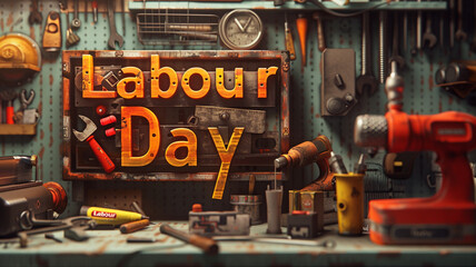 "Labour Day" depicted in bold, 3D block letters, constructed from an assortment of tools and machinery in a well-equipped workshop.