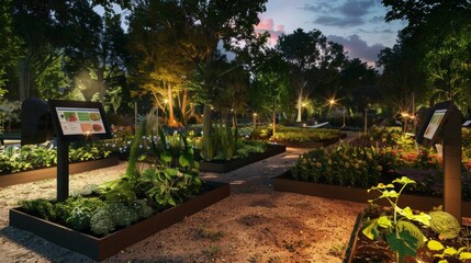 A community garden at dusk, where each plant section has digital signage providing visitors with interactive data about the plant species, health, and growth stages. The garden bathed in the warm