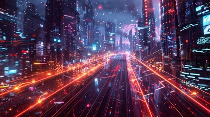 Obraz premium Futuristic metropolis at night with glowing lights backdrop