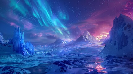 Naklejka premium Tranquil aurora-lit sky over snow backdrop