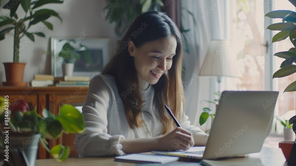 Aufkleber distance education portrait of smiling woman sitting at desk using laptop and writing in notebook ta