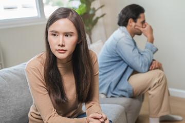 Breakup and depressed, asian young quarrel couple love fight relationship in trouble. Different people are emotion angry. Argue wife has expression upset with husband. Problem of family people.