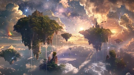 Lush forests on surreal floating islands backdrop