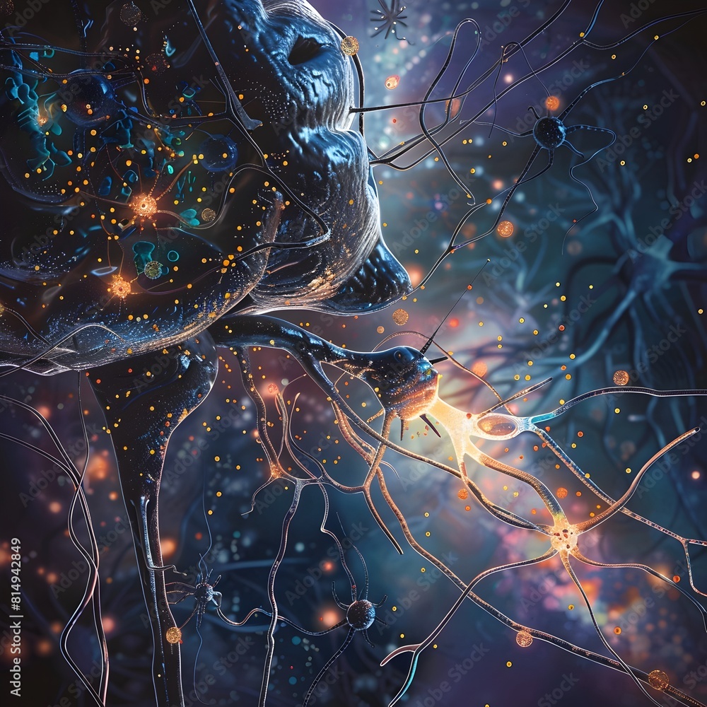 Poster visualizing the intricate dance of insulin synapses and neural networks in the brain