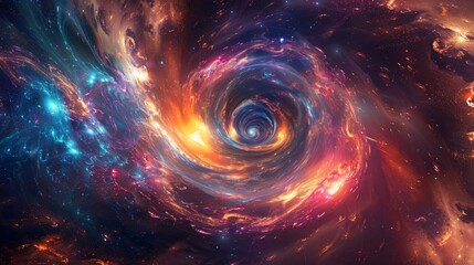 Swirling cosmic vortex with neon bands backdrop