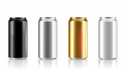 Realistic metal cans. Aluminum and lemonade beverage can of different colors. Vector illustration black silver white mock up cans set on white background for packaging energy drink