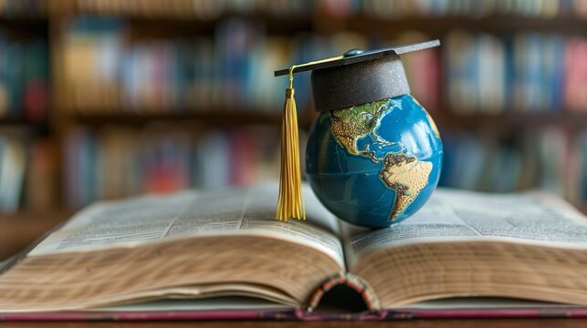 An open book with a miniature globe and graduation cap on top, illustrating global learning and knowledge 
