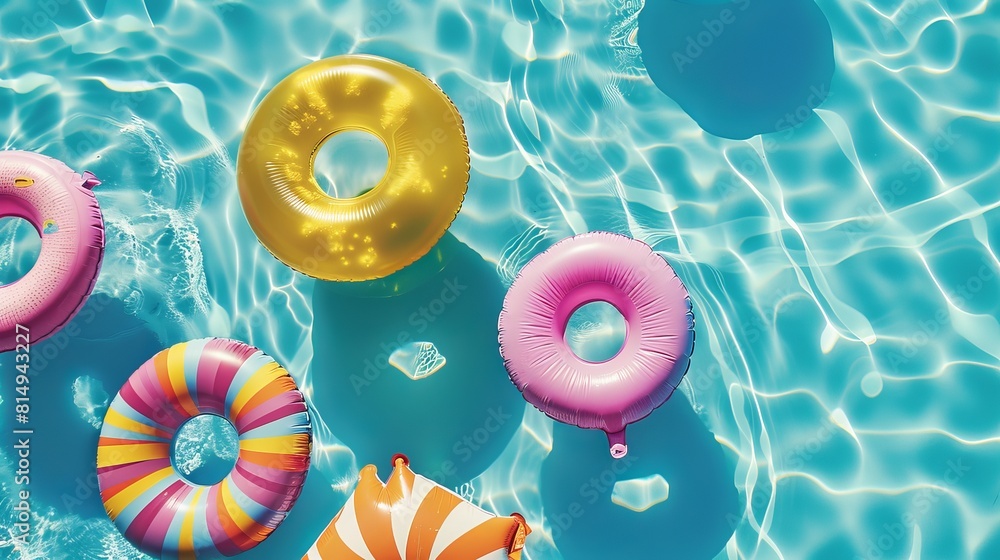 Poster enjoy summer fun with inflatable toys floating on the surface of the pool in this top-view illustrat