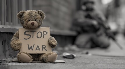 children's teddy bear with a poster, cardboard with the inscription "Stop the war", anti-war concept of protecting children to avoid fighting, military soldier in the background, black and white photo