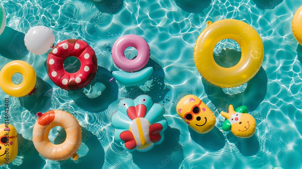 Poster enjoy summer fun with inflatable toys floating on the surface of the pool in this top-view illustrat