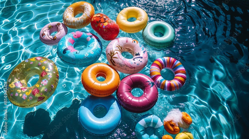 Poster enjoy summer fun with inflatable toys floating on the surface of the pool in this top-view illustrat