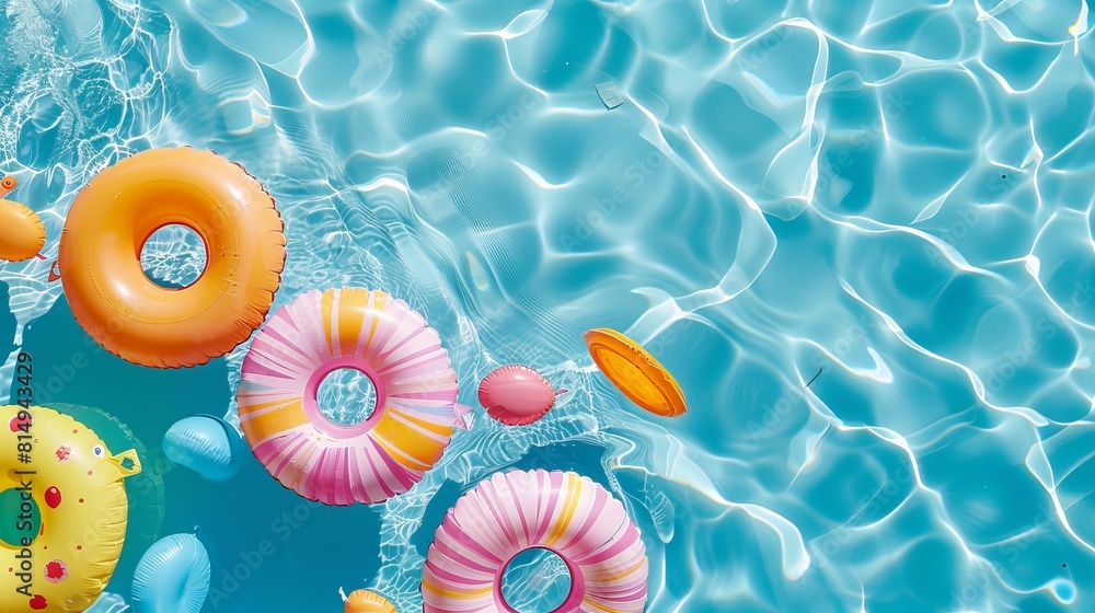 Poster enjoy summer fun with inflatable toys floating on the surface of the pool in this top-view illustrat