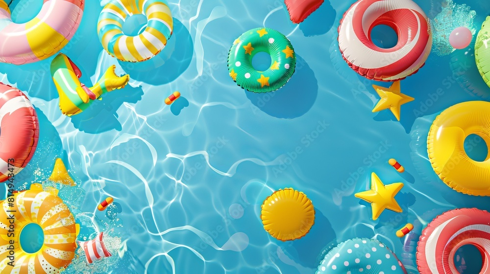 Poster enjoy summer fun with inflatable toys floating on the surface of the pool in this top-view illustrat