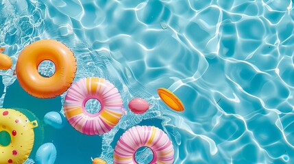 Enjoy summer fun with inflatable toys floating on the surface of the pool in this top-view illustration.