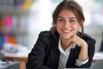 Obraz premium Happy young businesswoman with hand on chin in office