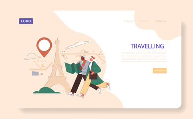 Travelling web or landing. Elderly couple exploring Paris, map in hand