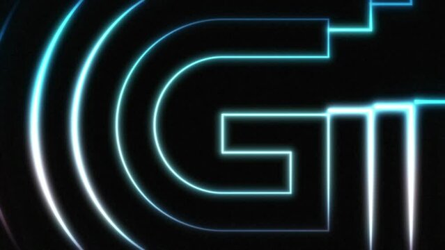 Bright neon glowing light blue futuristic letter G. Seamless looping animation on black background
