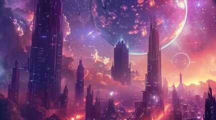 Naklejka premium Futuristic cityscape with sleek skyscrapers against swirling nebulae backdrop