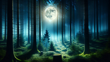 Obraz premium A mystical forest scene at night illuminated by a bright full moon. The forest is dense with tall trees, their trunks thin