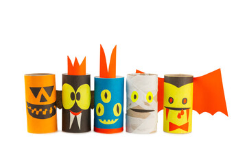 Toilet paper crafts isolated on white background. Kids crafts made with toilet paper roll. DIY. Handmade. Paper monster toys. Origami animals. Concept of children's educational games.