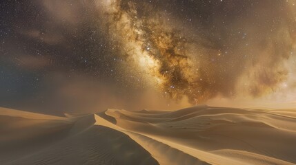 Surreal desert landscape with towering sand dunes backdrop