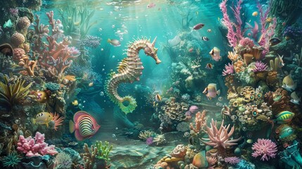 Underwater kingdom with seahorses and mermaids amidst coral reefs backdrop