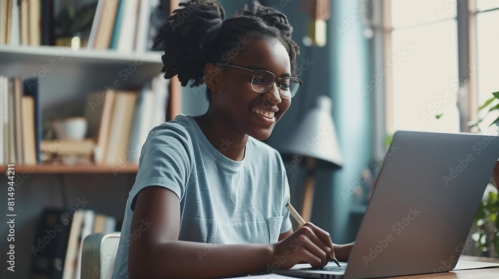 Aufkleber distance education portrait of smiling woman sitting at desk using laptop and writing in notebook ta