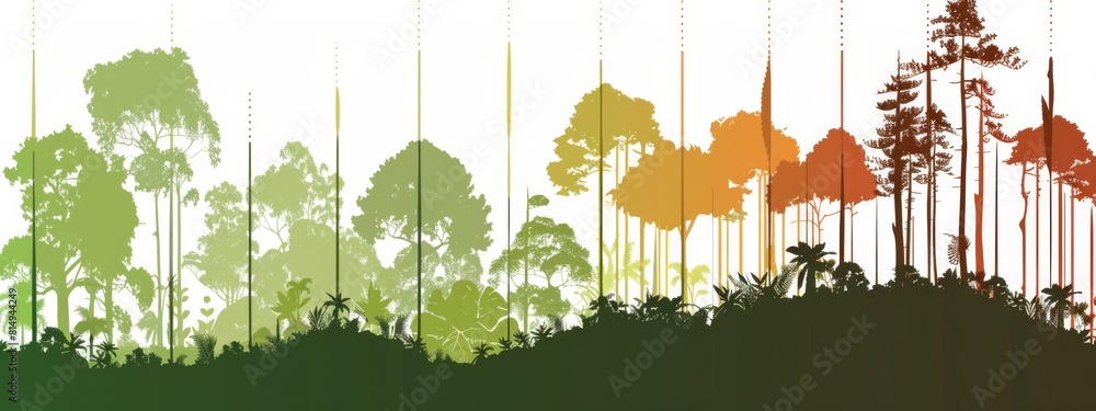 Poster a forest with trees of different colors and a deer in the foreground