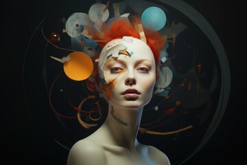 Artistic portrait of woman with vibrant abstract shapes on dark background