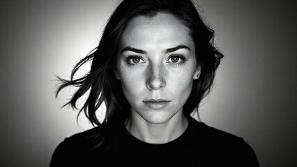 A portrait of a young woman in a black top, with tousled hair and a freckled face, AI-generated.
