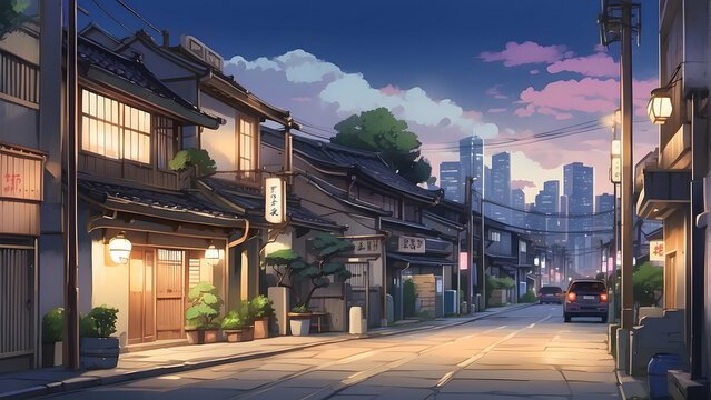 A serene anime depiction of a traditional street with soft lighting and a modern city background giving a feel of peaceful coexistence of old and new