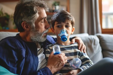 Man assisting son with nebulizer at home