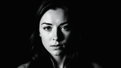 Fototapeta premium Black and white portrait capturing a young woman's intense and earnest gaze, AI-generated.