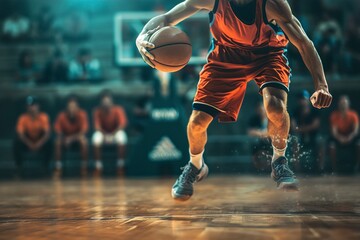 Male basketball player dribbling the ball on basket