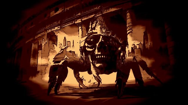animation - Apocalyptic warrior in a desolate city ruins scene