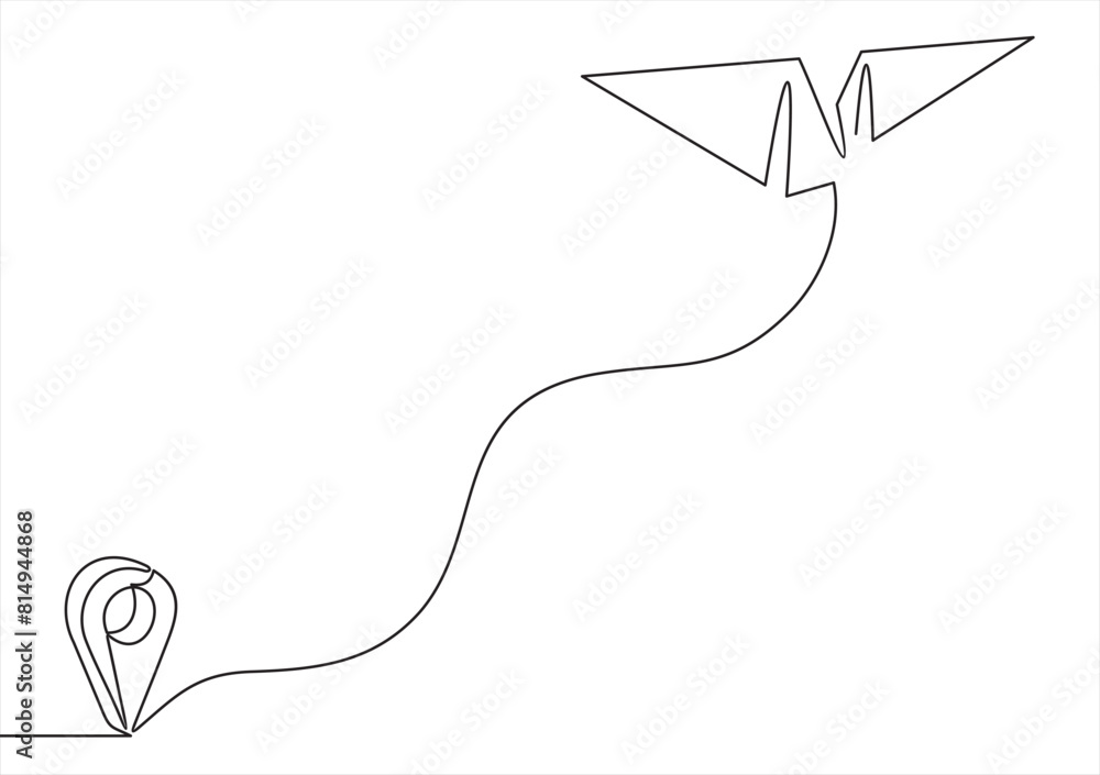 Poster continuous one line drawing pointing location at map and paper plane, hand drawn way destination con