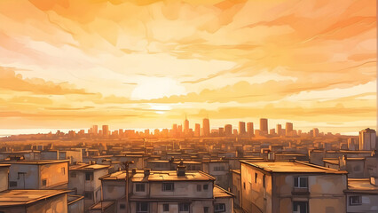 Fototapeta premium Illustration of a city skyline during sunset with a vibrant orange sky enhancing the mood