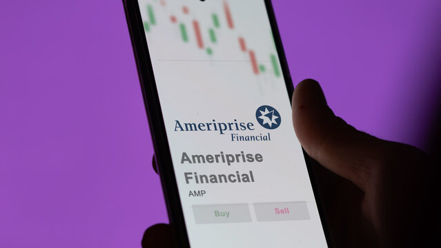 April 09th 2024 , Minneapolis, Minnesota. Close up on logo of Ameriprise Financial on the screen of an exchange. Ameriprise Financial price stocks, $AMP on a device.