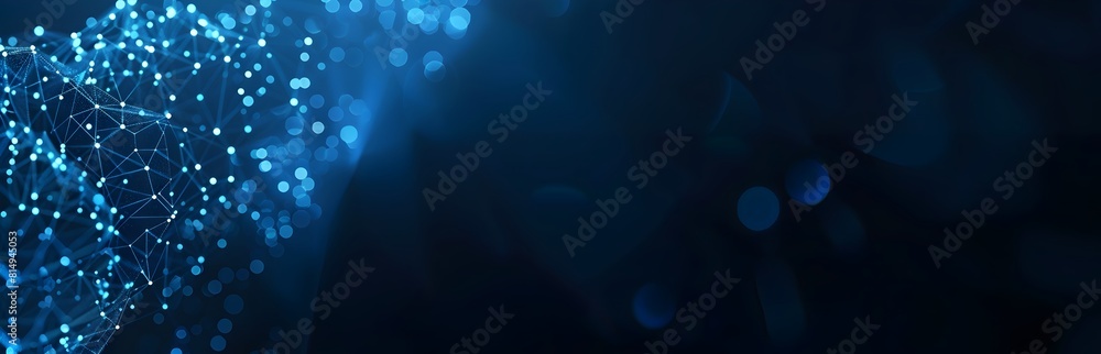 Poster abstract dark blue background with a low poly pattern of glowing dots and lines forming an intricate