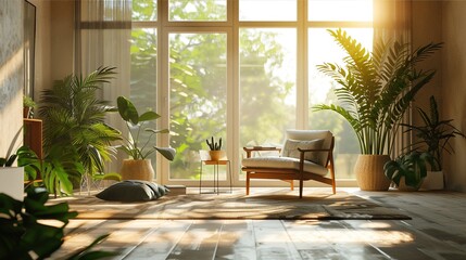 Fototapeta premium Plant lover's home decoration. Modern bright style interior living room with minimalist sofa and tropical plants. Natural light. Modern living room. Living room with full of plants. Environment Day