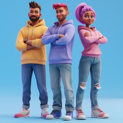 Fototapeta premium 3d character design of three people standing together, a man with a beard and hoodie in the middle of two girls, casual , solid bright color background